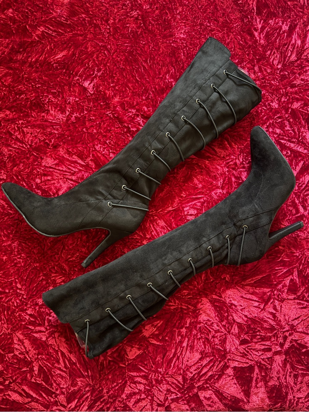 BCBG Paris Vegan Suede Lace-Up Knee-High Stiletto Boots